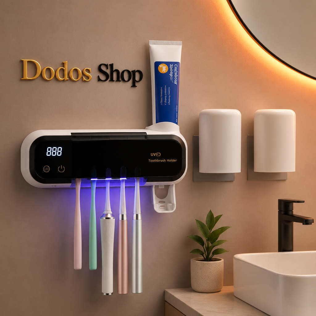 A wall-mounted toothbrush holder and dispenser in a bathroom setting, holding four electric toothbrushes and a tube of toothpaste. The wall is beige with warm lighting, and the text 'Dodos Shop' is visible on the wall.