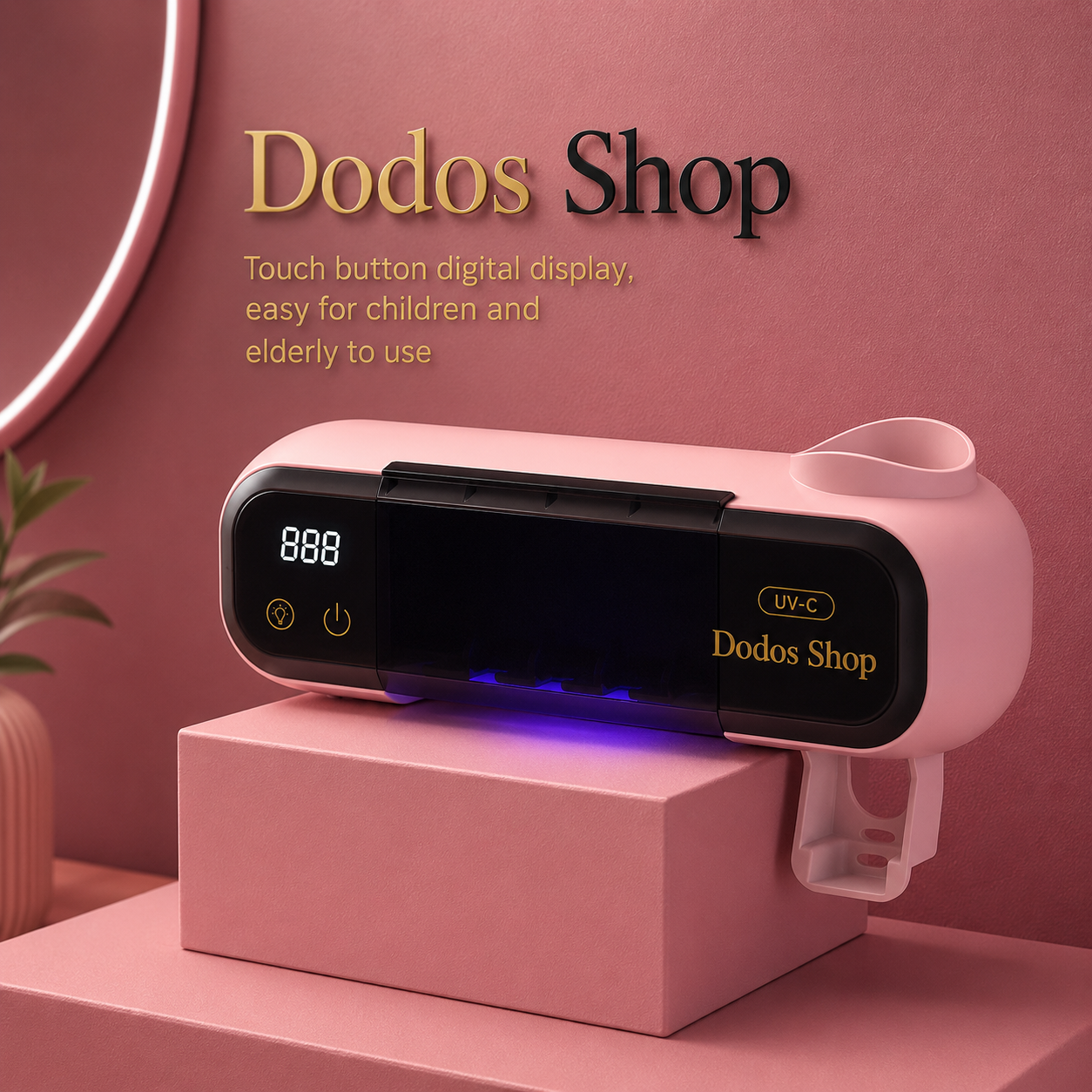UV Toothbrush Holder dodosshop
A pink UV light curing device with a black digital display screen and gold 'Dodos Shop' branding, resting on a pink display block against a pink background with promotional text.