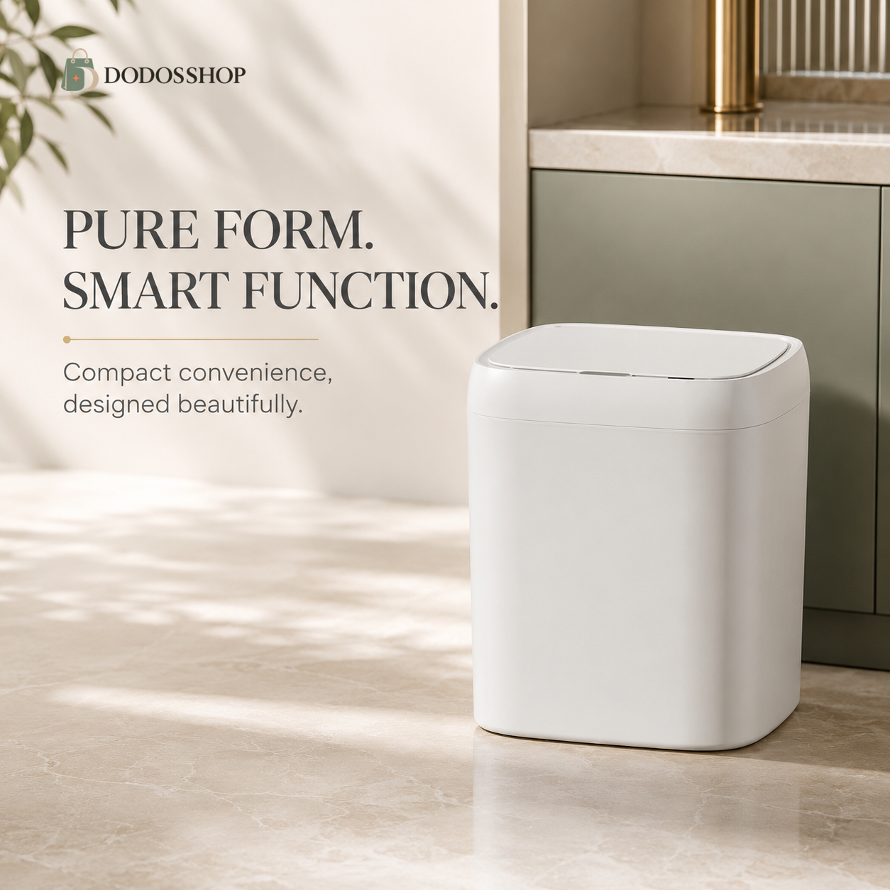 Compact 11-liter pure-white smart trash can with a closed sensor lid, displayed in an elegant modern interior with the official transparent Dodosshop logo.