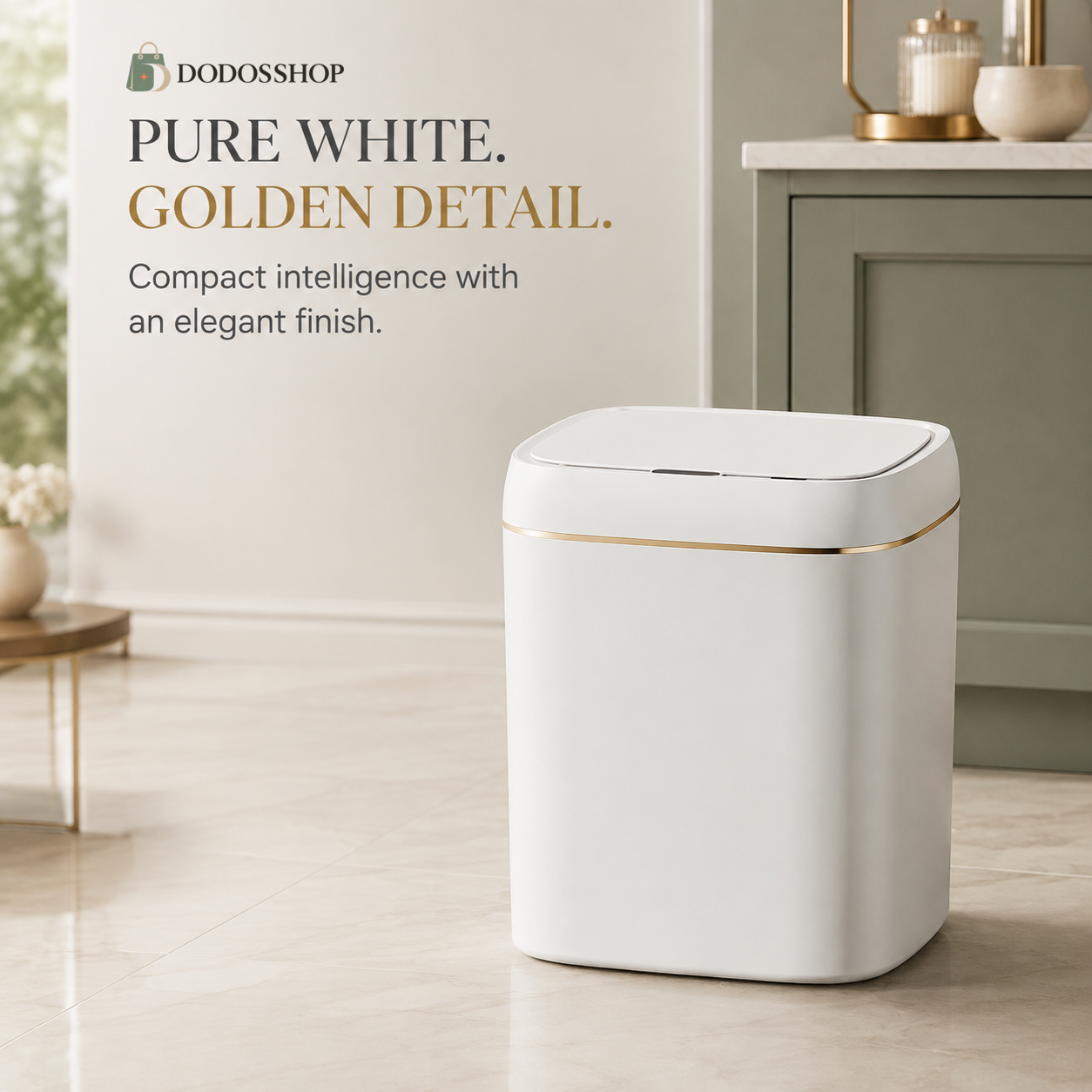 Compact 11-liter white smart trash can with a touchless sensor lid and thin gold accent band, displayed in an elegant modern interior with the official Dodosshop logo.
