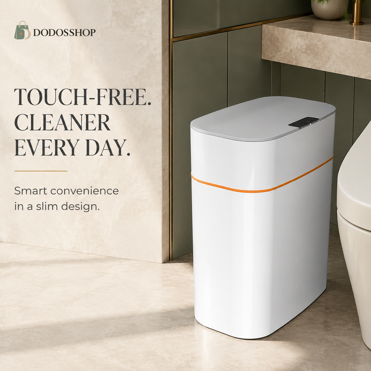 Tall 16-liter grey-white smart trash can with a black touchless sensor panel and orange accent line, displayed in a premium modern bathroom with the official Dodosshop logo.