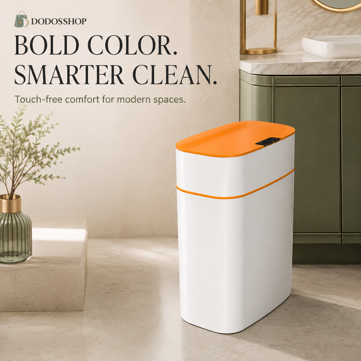 Slim 16-liter smart trash can with a white body, bright orange sensor lid and matching accent line, displayed in a premium modern interior with the official Dodosshop logo.