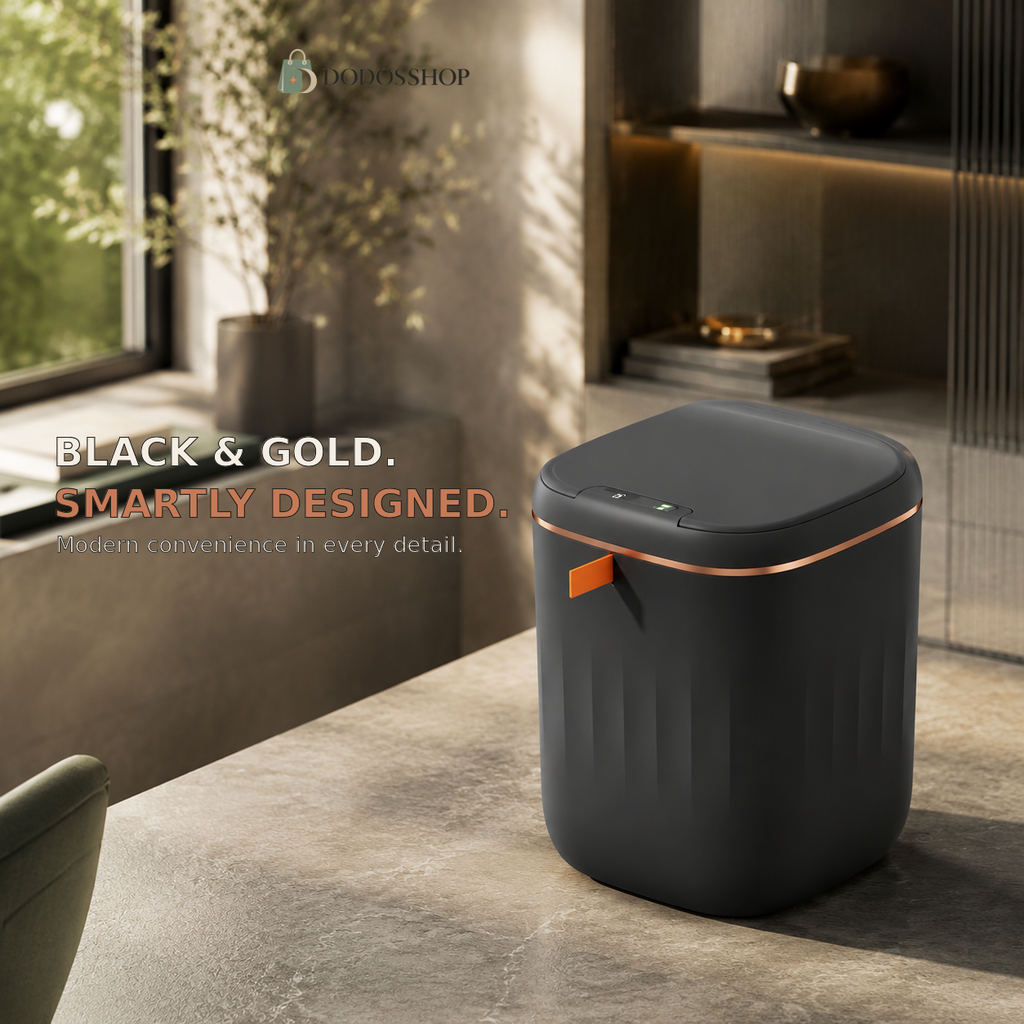 Matte black 20-liter smart trash can with vertical fluting, rose-gold trim, sensor control panel and coral pull tab in a premium modern interior.