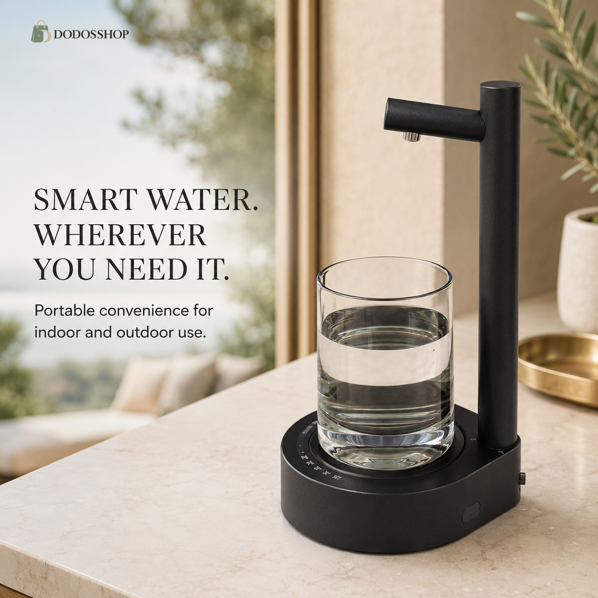 A black smart water dispenser with a glass of water on its base, set on a beige marble countertop in a modern interior setting. Text on the left reads 'SMART WATER.