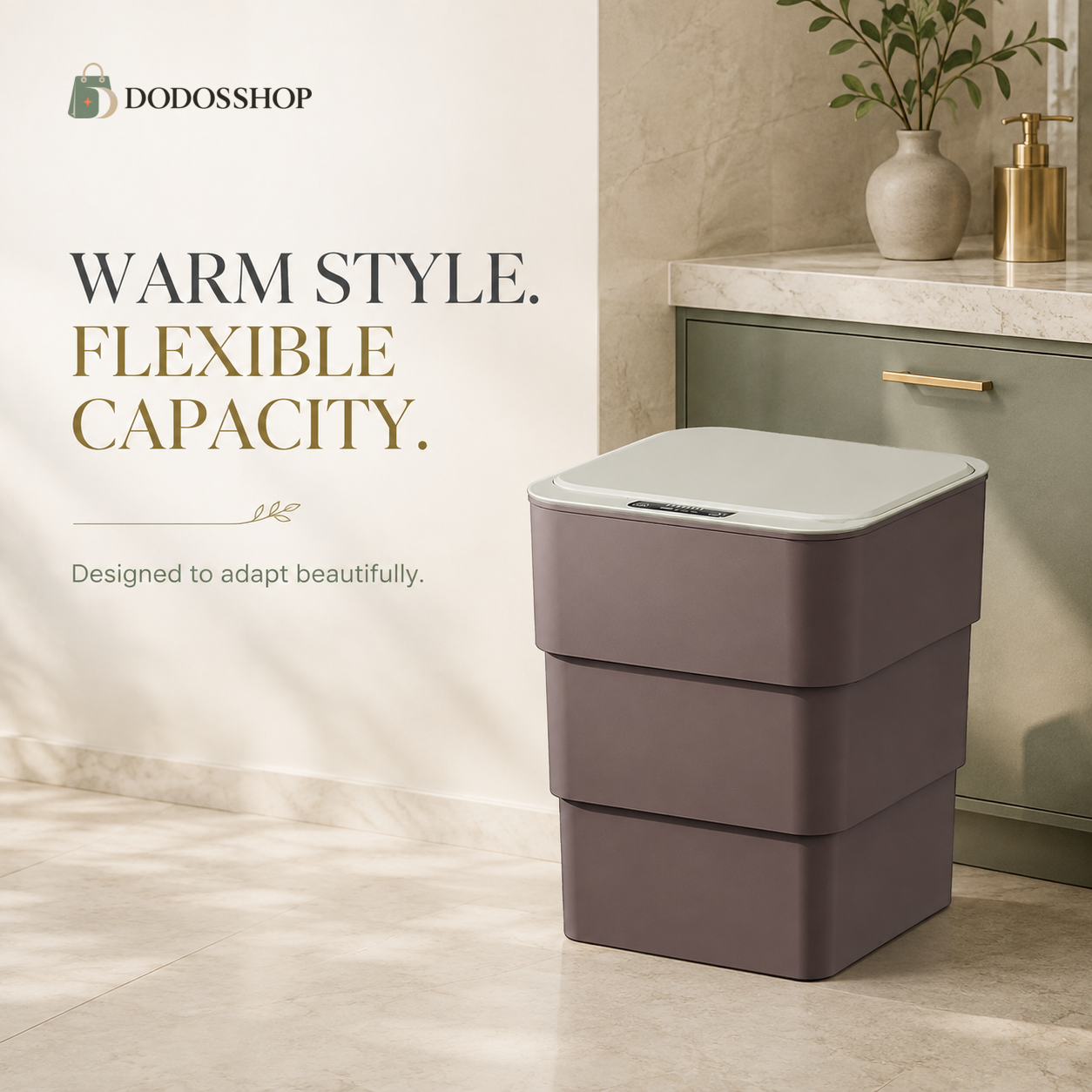 Brown 18-liter expandable smart trash can with three telescoping sections, cream sensor lid and official Dodosshop logo in a premium modern interior.
