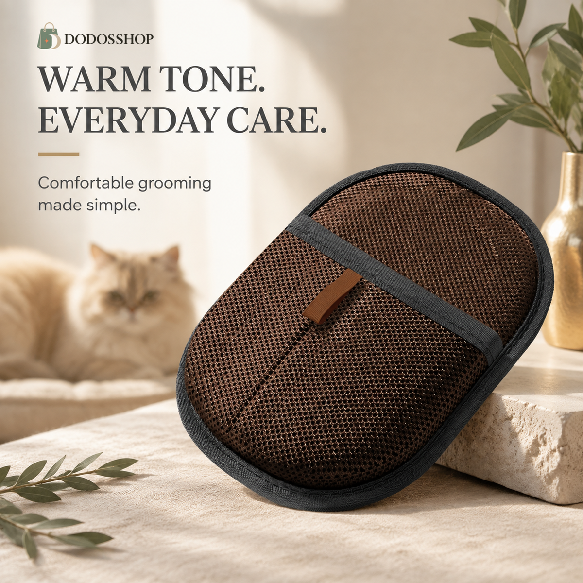 A brown mesh pet grooming mitt with a dark gray trim and strap, displayed on a stone block with a fluffy cat in the background and promotional text from DODOSSHOP.