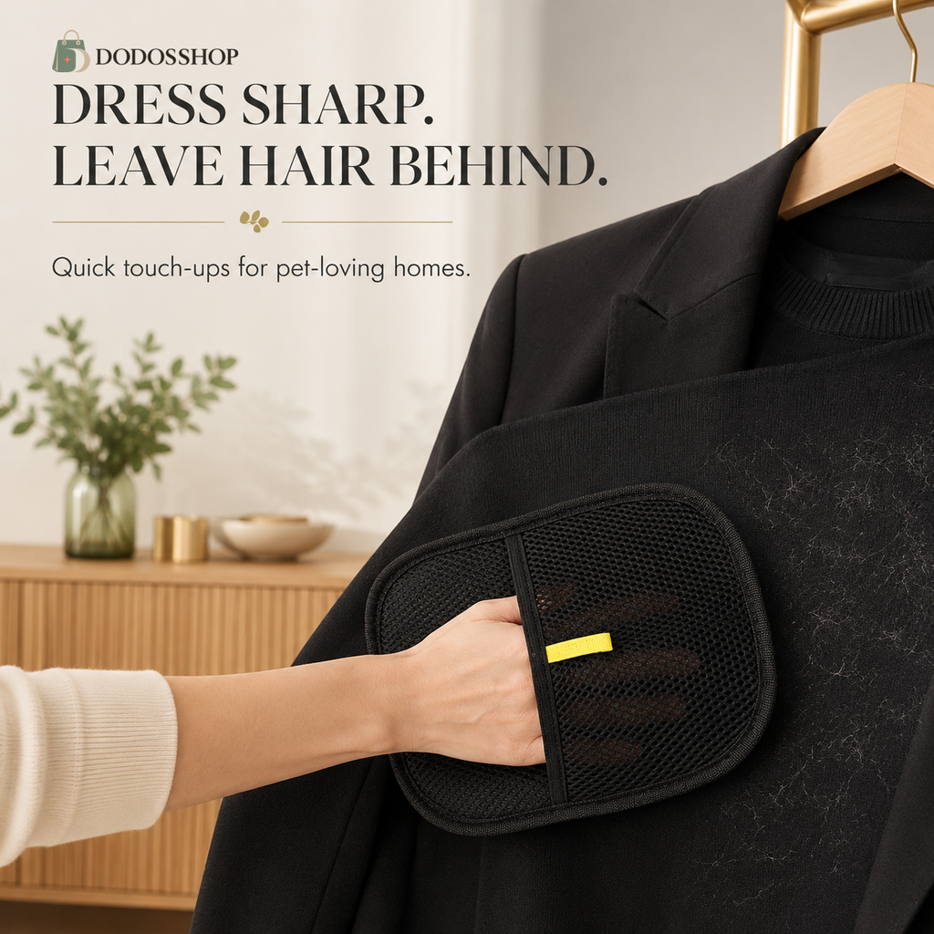 Pet Hair Remover & Grooming Mitt
A person's hand uses a black mesh grooming mitt with a small yellow tab to clean a black sweater hanging on a wooden hanger. The scene is set in a softly lit indoor space with a wooden cabinet and plant in the background.