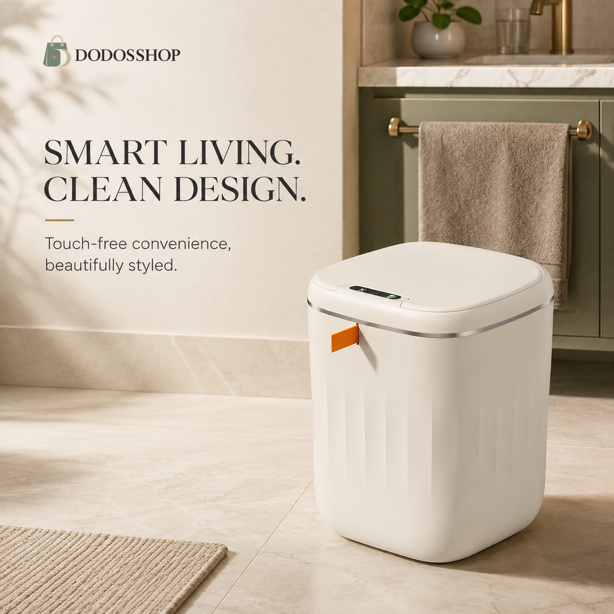 Cream-white 20-liter smart trash can with touch-free sensor lid and orange drawstring tab, displayed in a premium modern bathroom with the official Dodosshop logo.