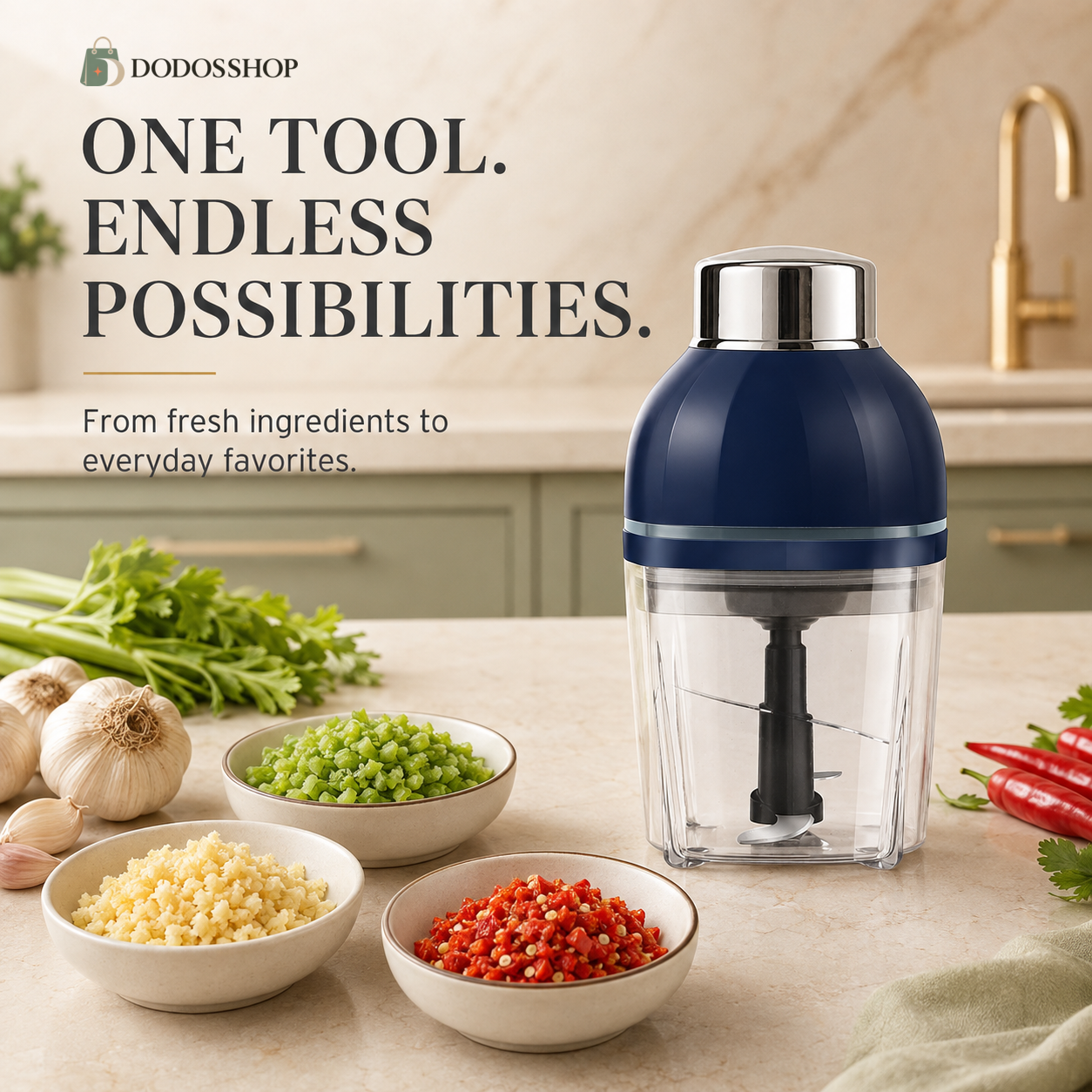 A DodoShop manual food chopper with a navy blue and silver top and a clear container, displayed on a kitchen counter surrounded by fresh ingredients like garlic, celery, peas, onions, and red chilies.