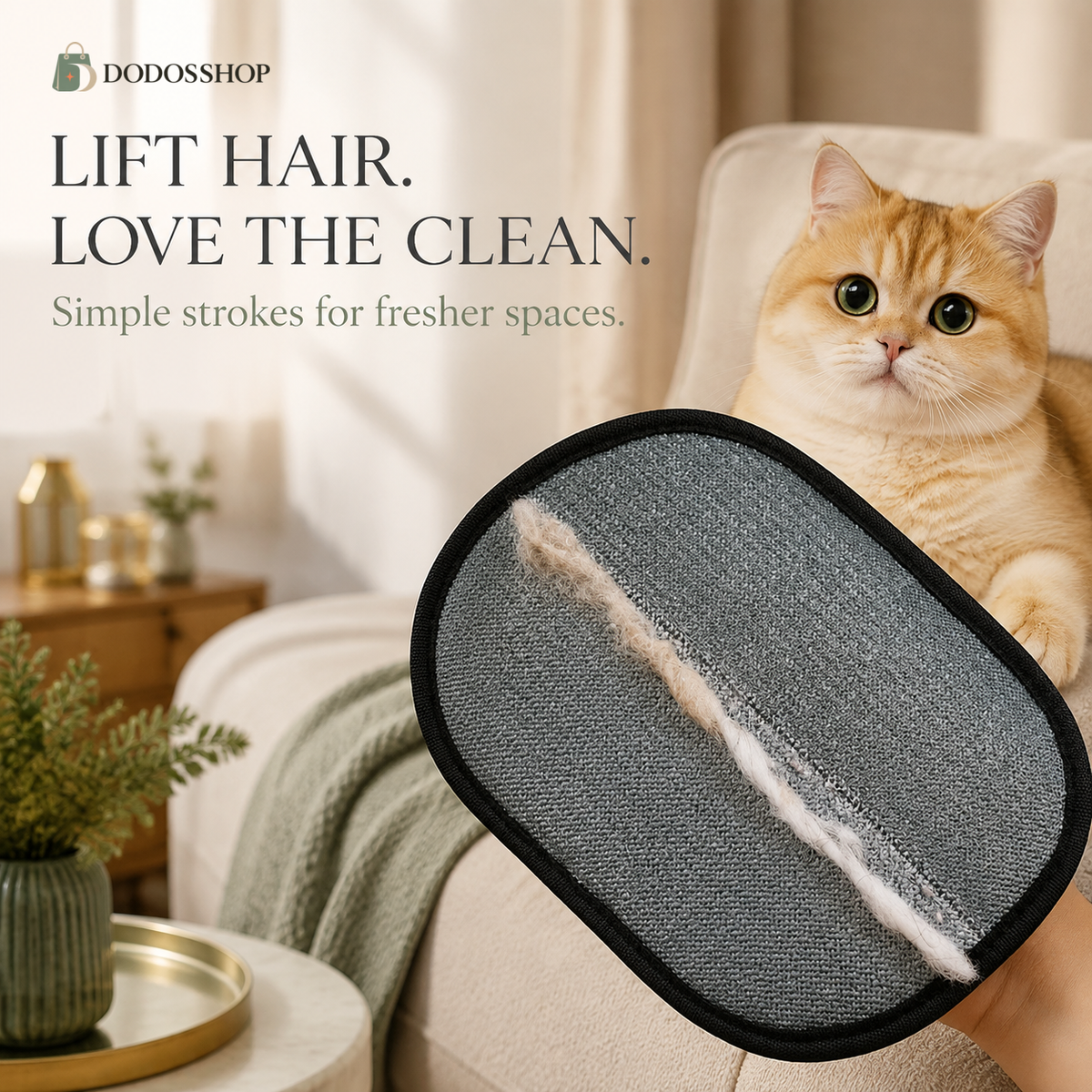 A cat grooming brush with a gray textured surface and black trim, shown with a fluffy orange cat sitting on a beige armchair in a softly lit living room. Text on the image reads 'LIFT HAIR.
