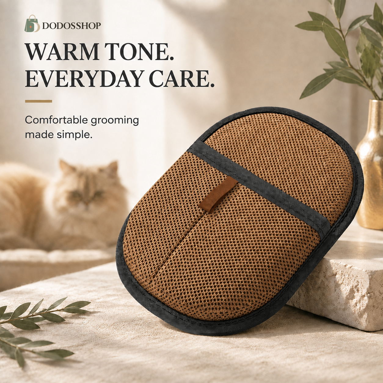 A brown mesh grooming mitt with a black trim and a small brown leather tab, displayed on a stone block in a warm, softly lit room with a cat in the background and DODOSSHOP branding and text overlaid on the top left.