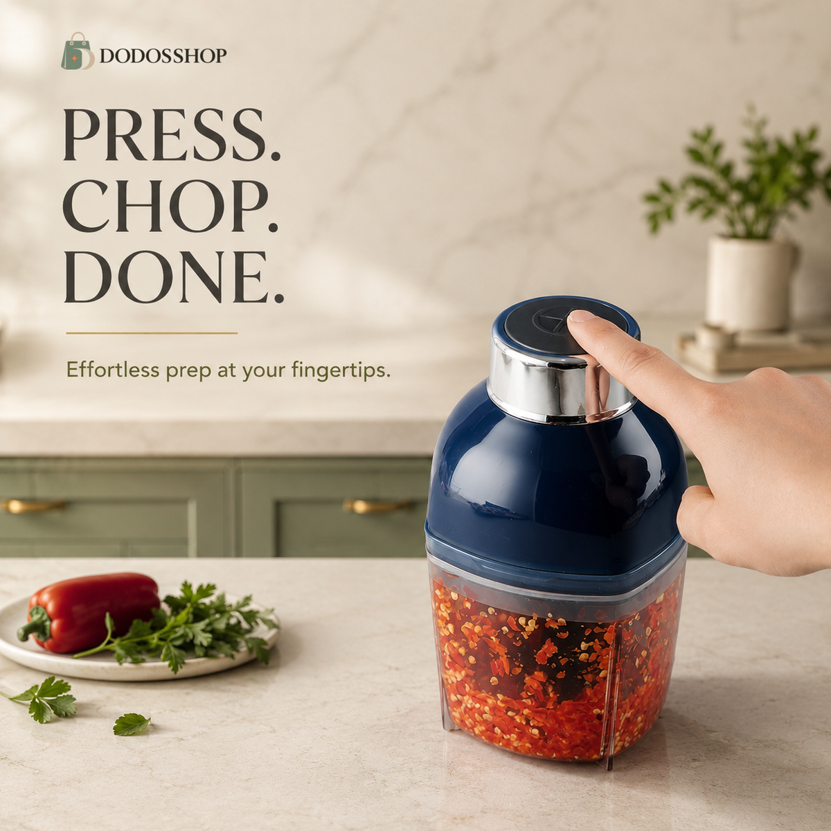 A hand pressing the lid of a DODOSShop manual food chopper on a marble countertop, with a red pepper and parsley in the container and promotional text on the left.