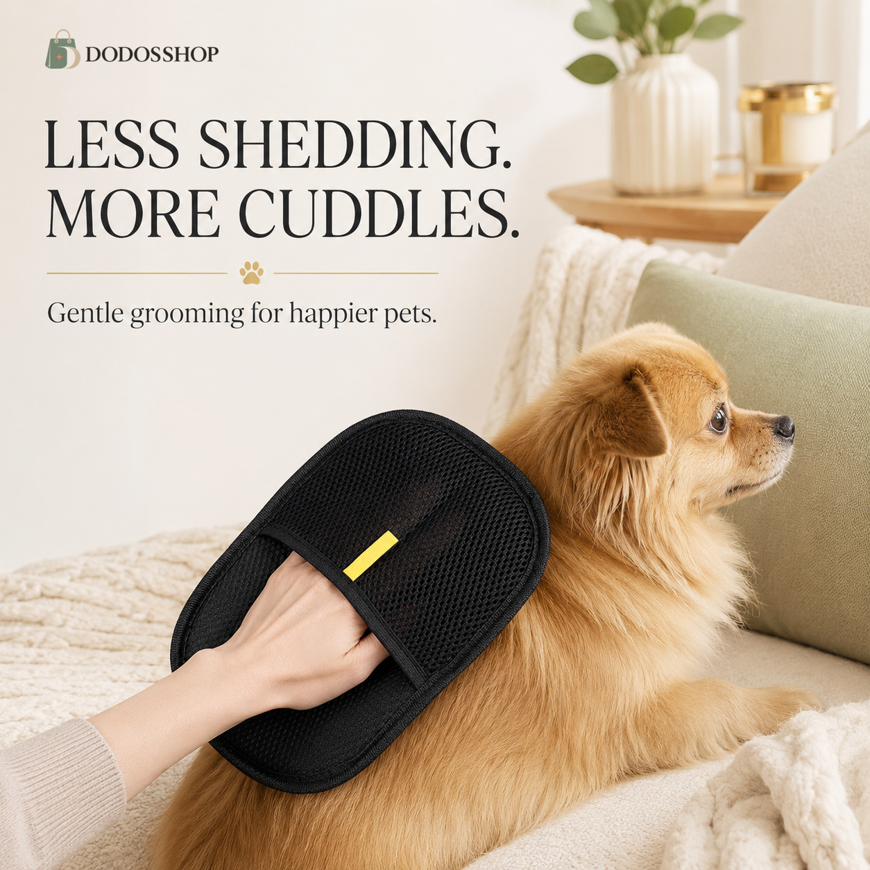 A small fluffy tan dog lying on a cream sofa while a person holds a black mesh grooming brush against its back. The scene is softly lit with home decor in the background, and the text reads 'LESS SHEDDING.