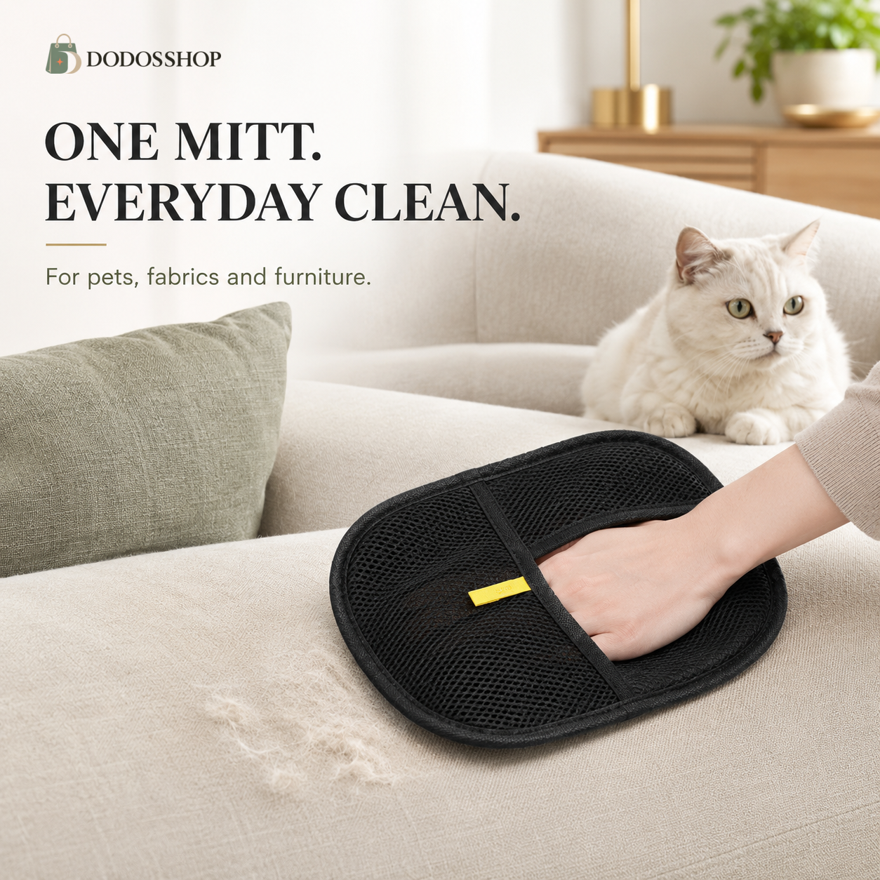 A black mesh pet grooming mitt with a small yellow accent is being used to remove loose fur from a beige sofa, with a white cat sitting in the background and promotional text on the left.