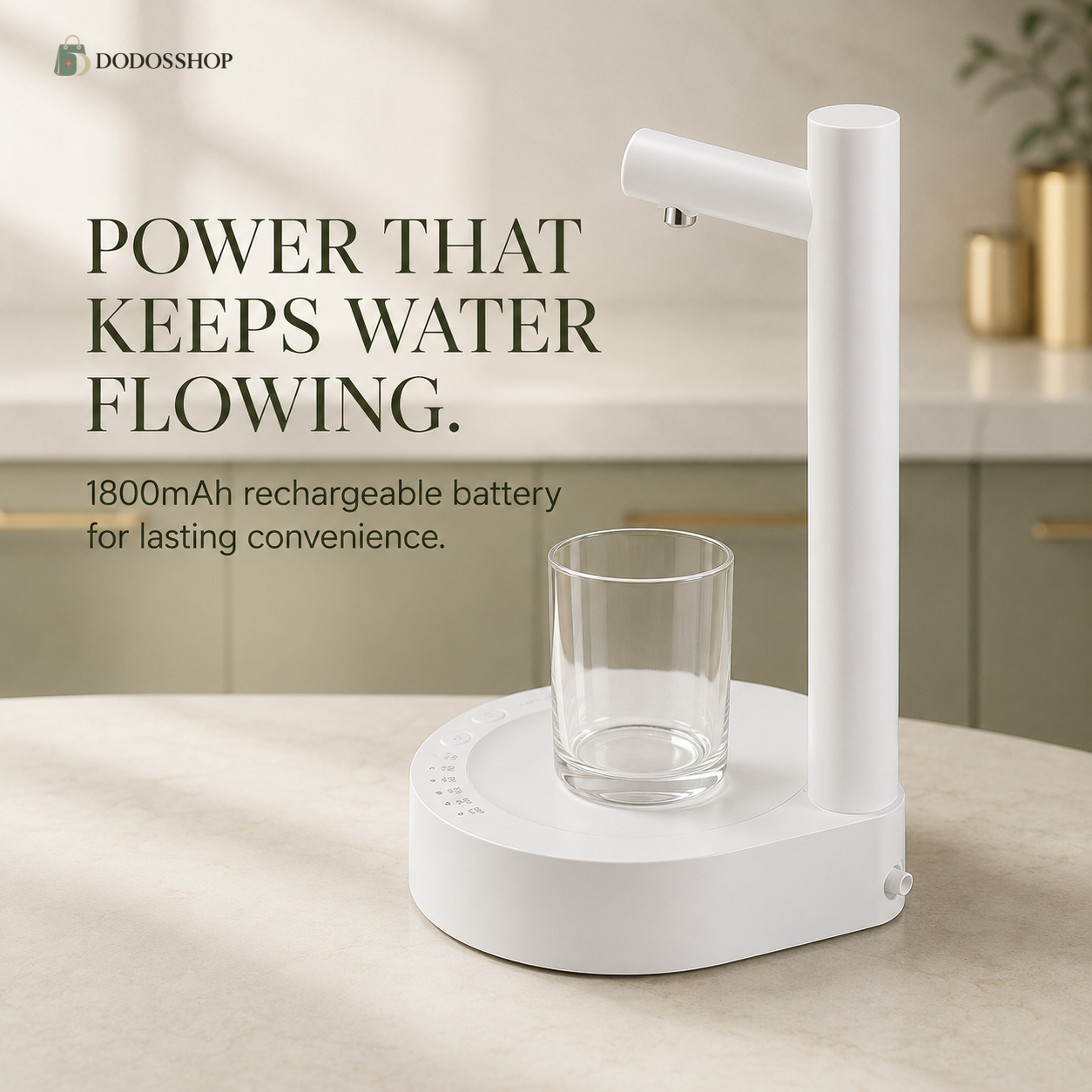 A white countertop water dispenser with a clear glass cup placed on its base, shown in a softly lit kitchen setting. Text on the left reads, 'POWER THAT KEEPS WATER FLOWING.