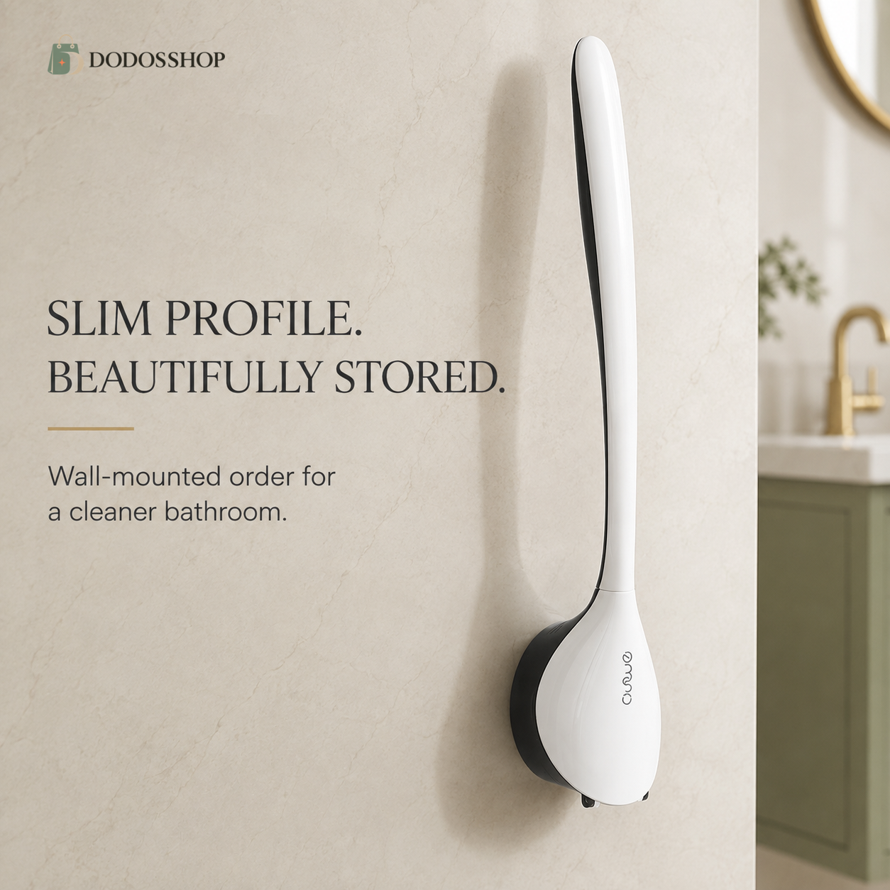 A wall-mounted white and black shower head holder with a slim profile, shown mounted on a beige marble bathroom wall. Text on the left reads 'SLIM PROFILE.