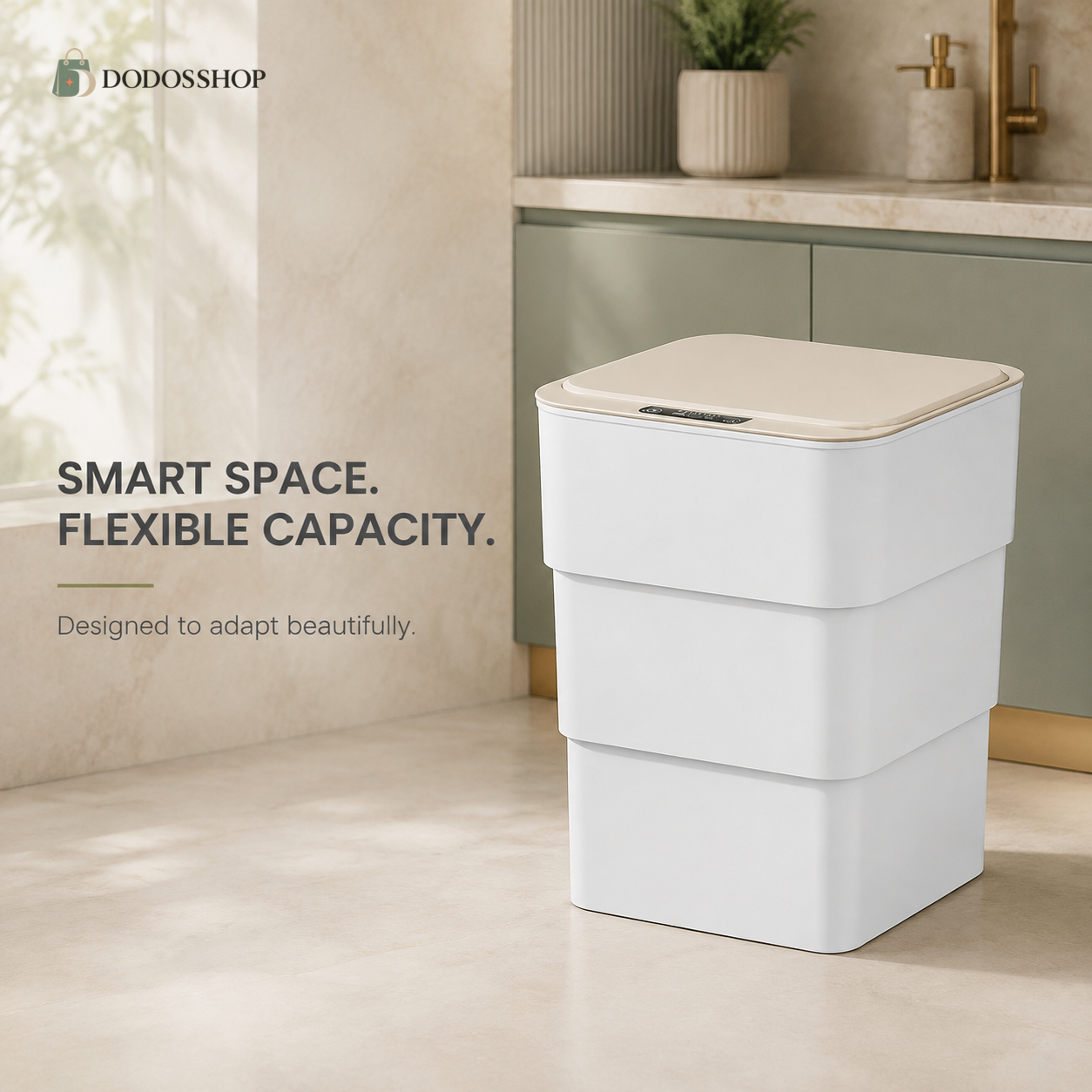 White 18-liter expandable smart trash can with three telescoping sections, cream sensor lid and official transparent Dodosshop logo in a modern bathroom.
