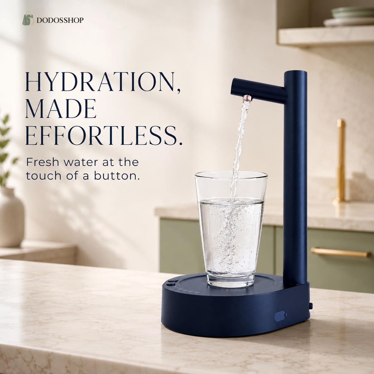 A modern electric water dispenser in dark navy blue sits on a beige marble countertop in a kitchen setting, dispensing fresh water into a clear glass. Text on the left reads 'HYDRATION, MADE EFFORTLESS.