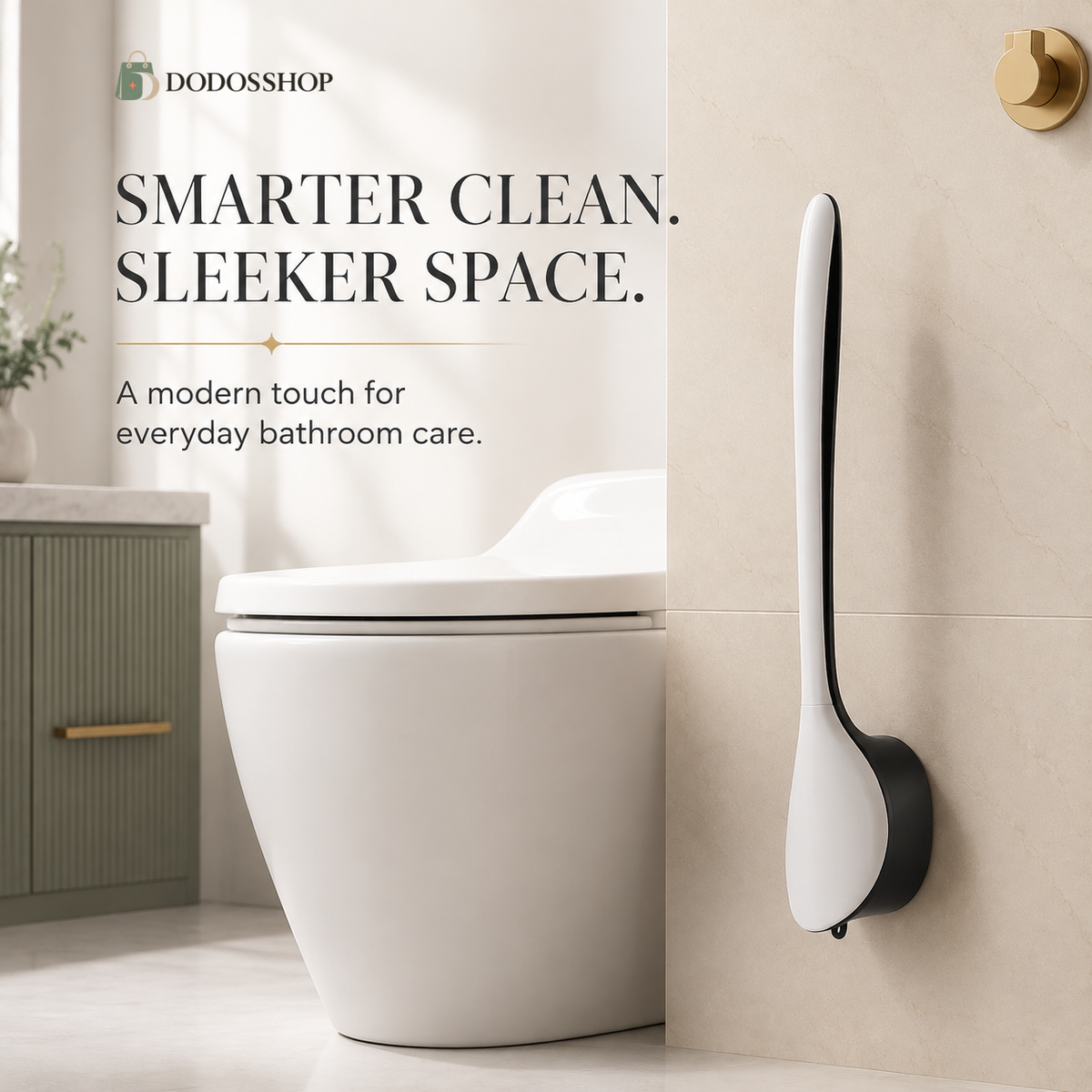A wall-mounted toilet brush with a white handle and black base, shown mounted on a beige tiled bathroom wall next to a white toilet. The image includes promotional text for DODOSShop.
