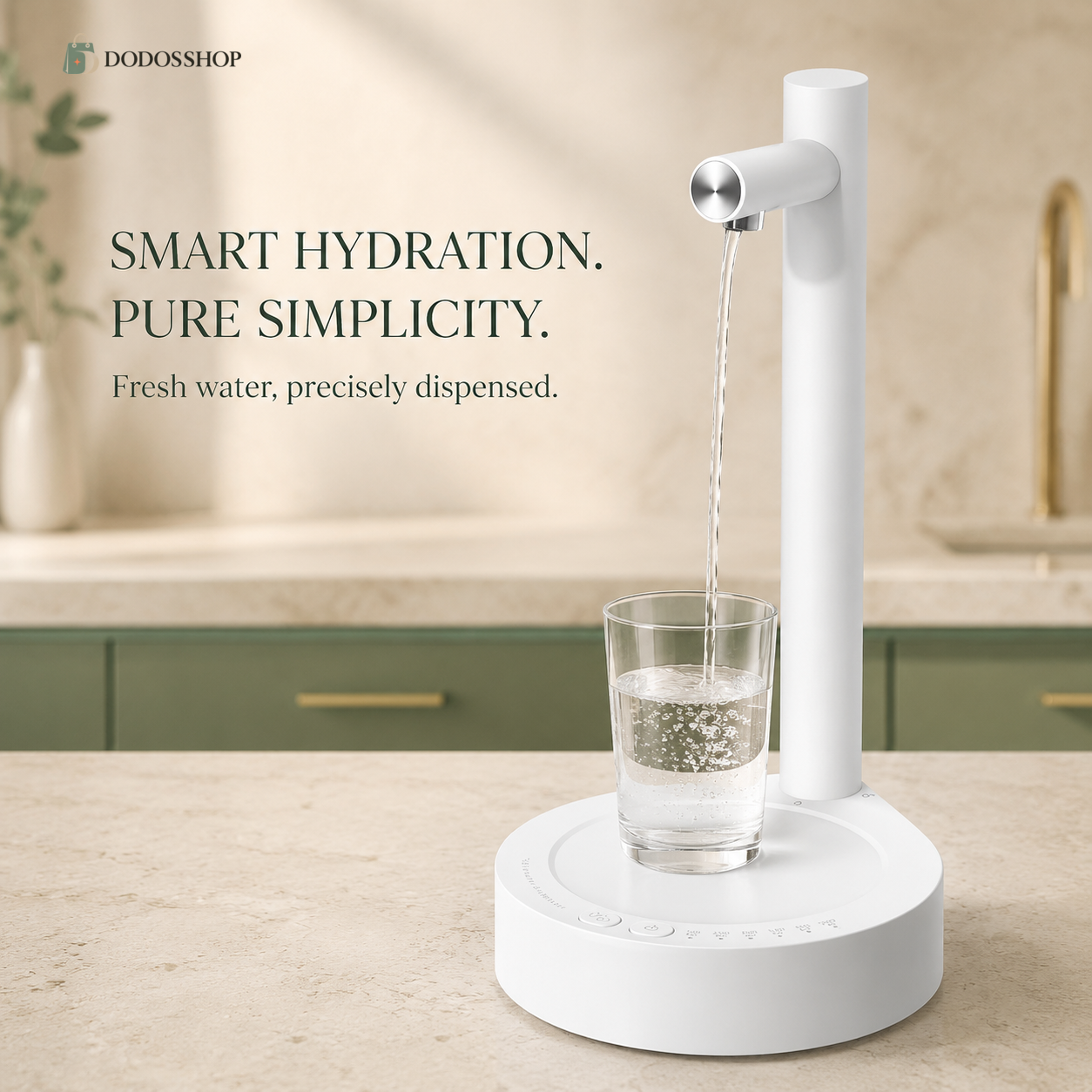 A white smart water dispenser with a glass placed under the spout, showing water being dispensed. The scene is set on a kitchen counter with a blurred kitchen background, and text on the left reads 'SMART HYDRATION.