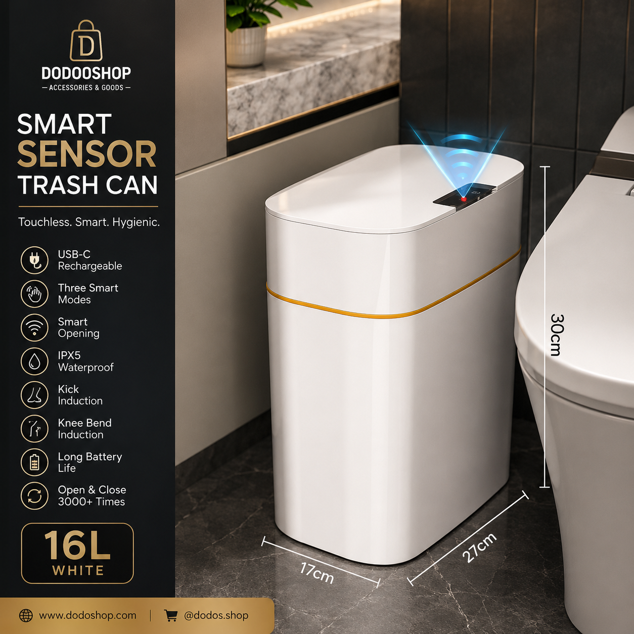 Smart sensor trash can with automatic touchless lid for kitchen and bathroom.