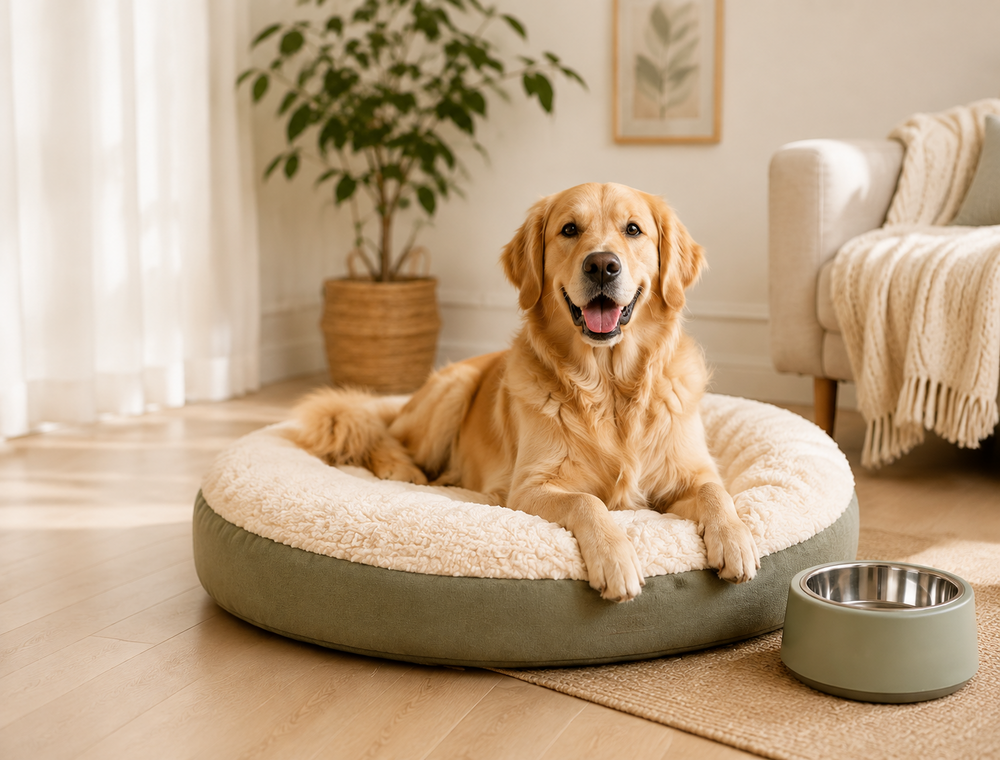 Happy golden retriever relaxing in a warm home